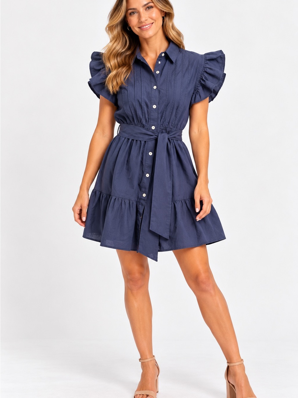 Pinch Navy Button-Front Ruffle Sleeve Midi Dress with Tie Waist